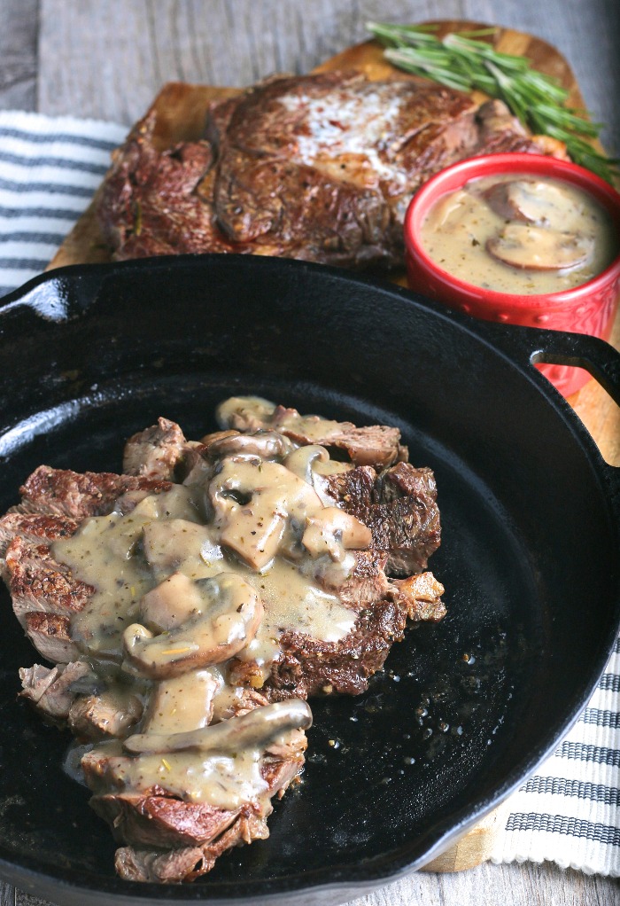 This is another great way to finish once you've learned how to cook steak in a frying pan, topped with mushroom!