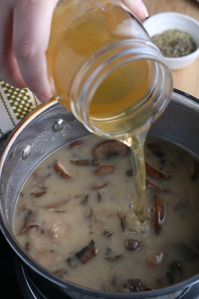 Adding stock to the mushroom gravy makes it much more flavorful than just water! 