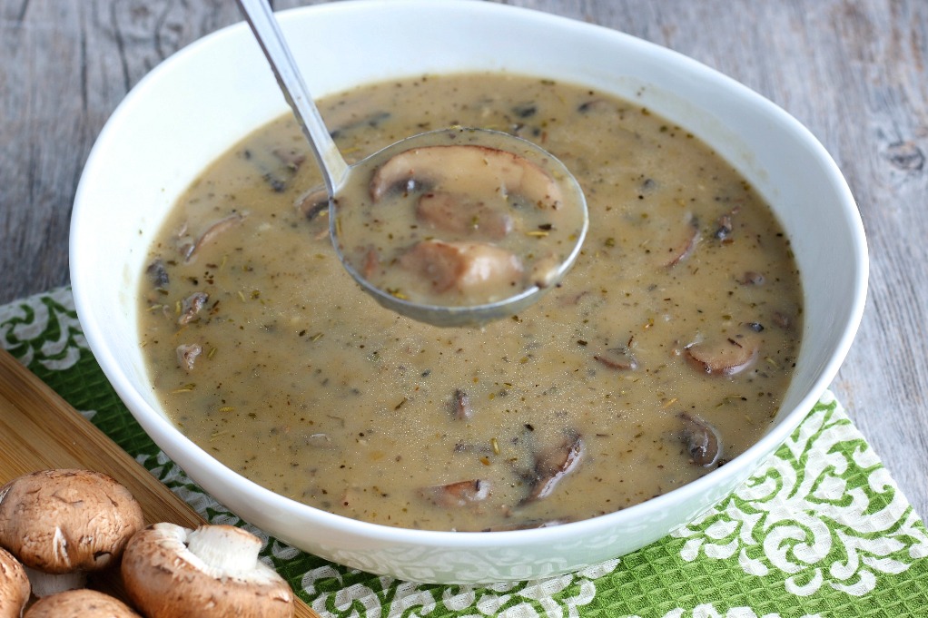 A horizontal view of the completed recipe for mushroom gravy ready to be served. 