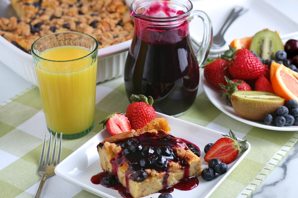 A horizontal view of the completed recipe for blueberry french toast casserole.