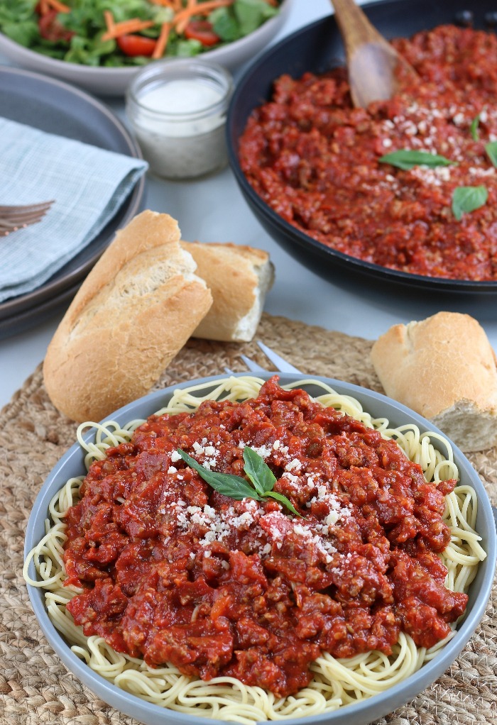 This meat sauce recipe for spaghetti is loaded onto the pasta and ready to be devoured. 