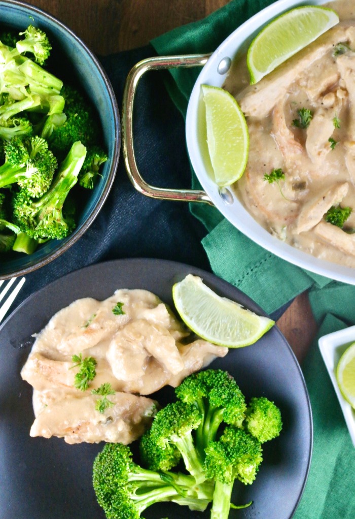 overhead shot of coconut lime chicken meal with fresh broccoli