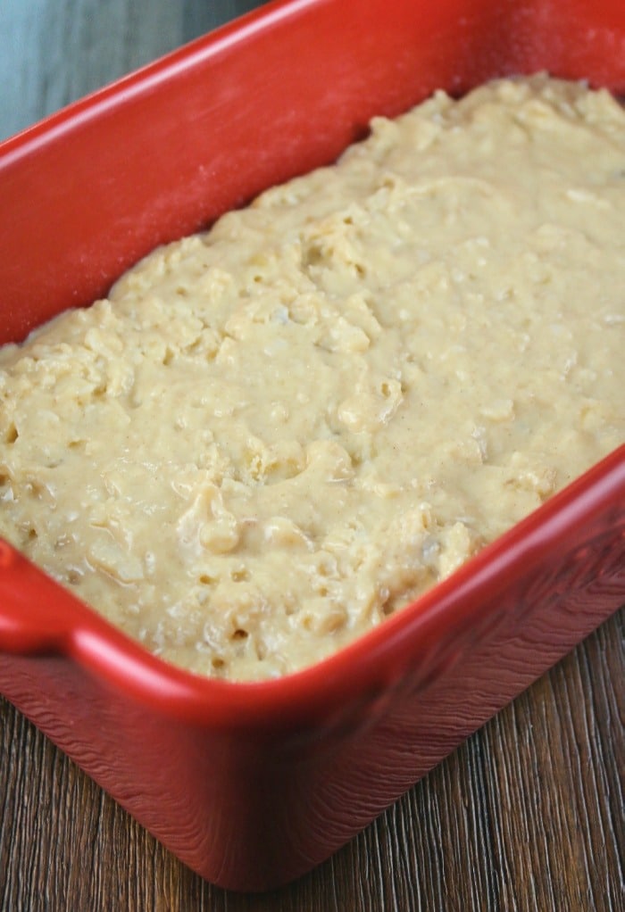 Batter into a red loaf pan for cooking