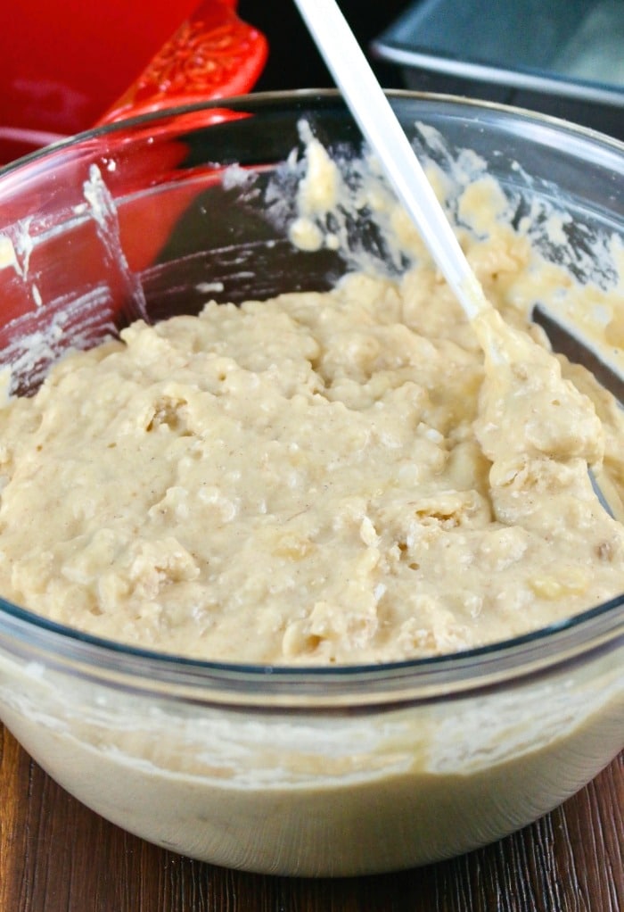 The wet and dry ingredients combined for low carb banana bread