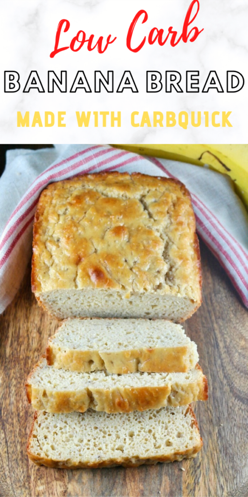 This delicious banana bread is made with real bananas and Carbquick baking mix.  Under 5 carbs a slice. Add some peanut butter for a keto snack! #ketodiet #baking #sugarfree