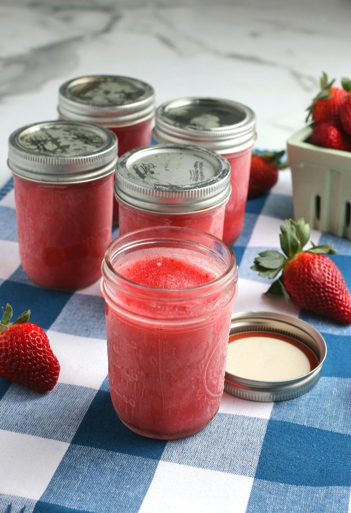 Here we see the finished strawberry freezer jam ready to be used for a variety of recipes. 