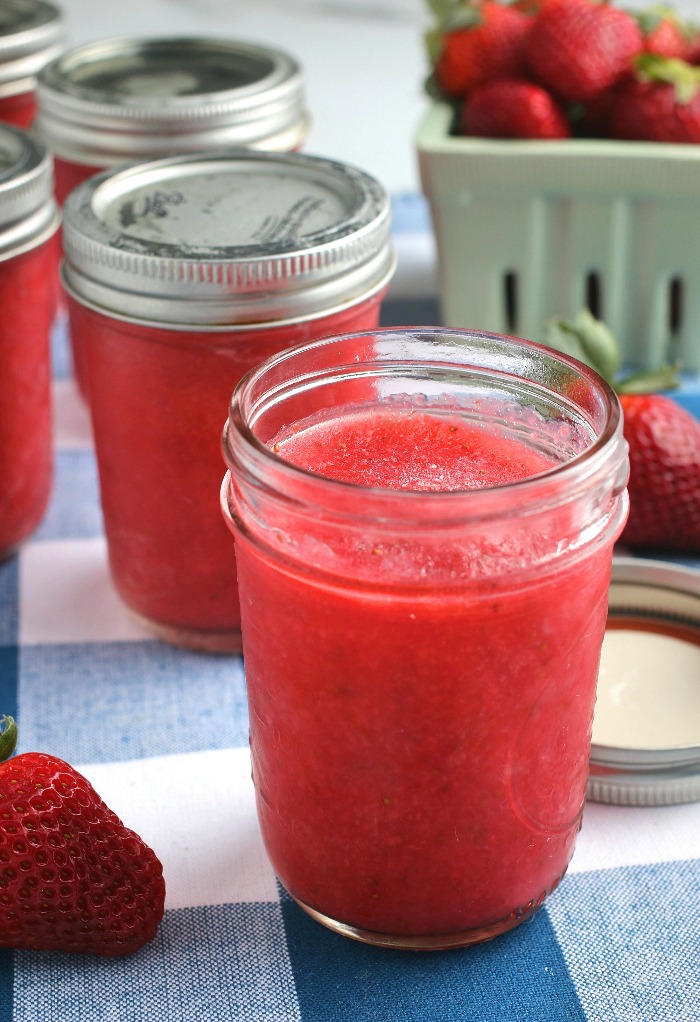 A closer look at the jar bull of strawberry freezer jam recipe finished and ready to be shared.