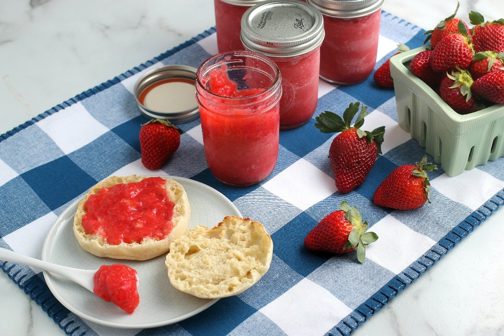 This shot is another view of the finished batch of strawberry freezer jam spread on some english muffin ready to eat.