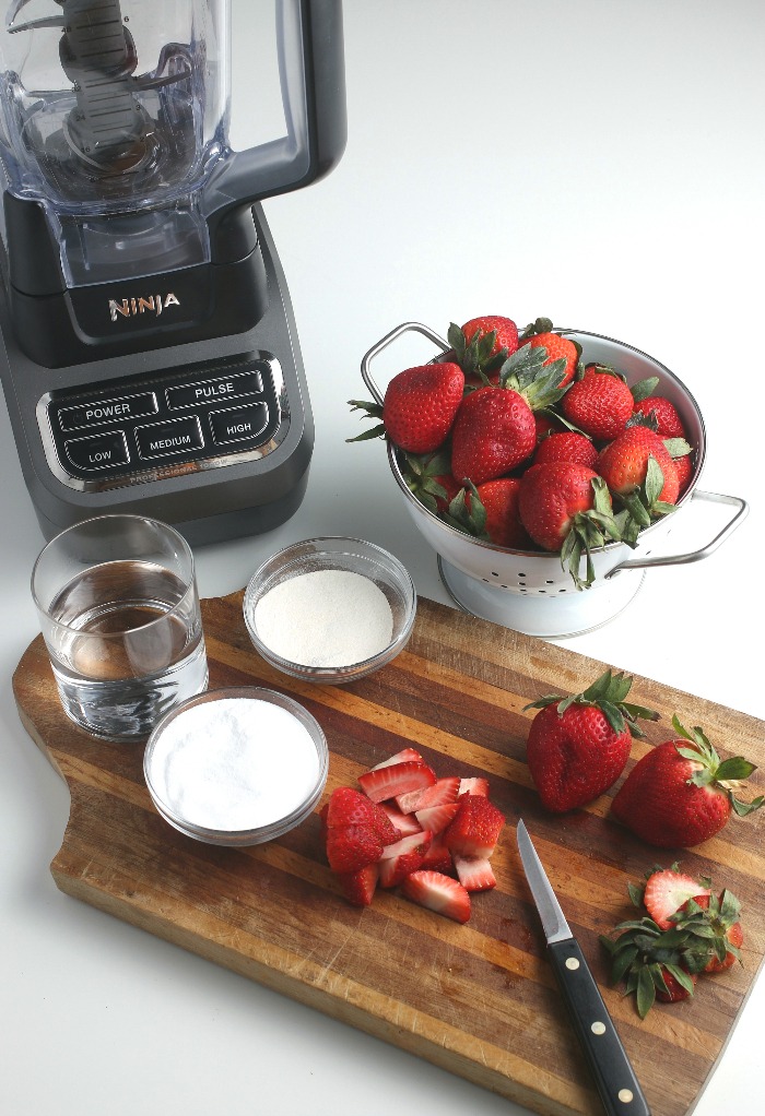 Everything to make strawberry freezer jam recipe laid out and ready to be blended.