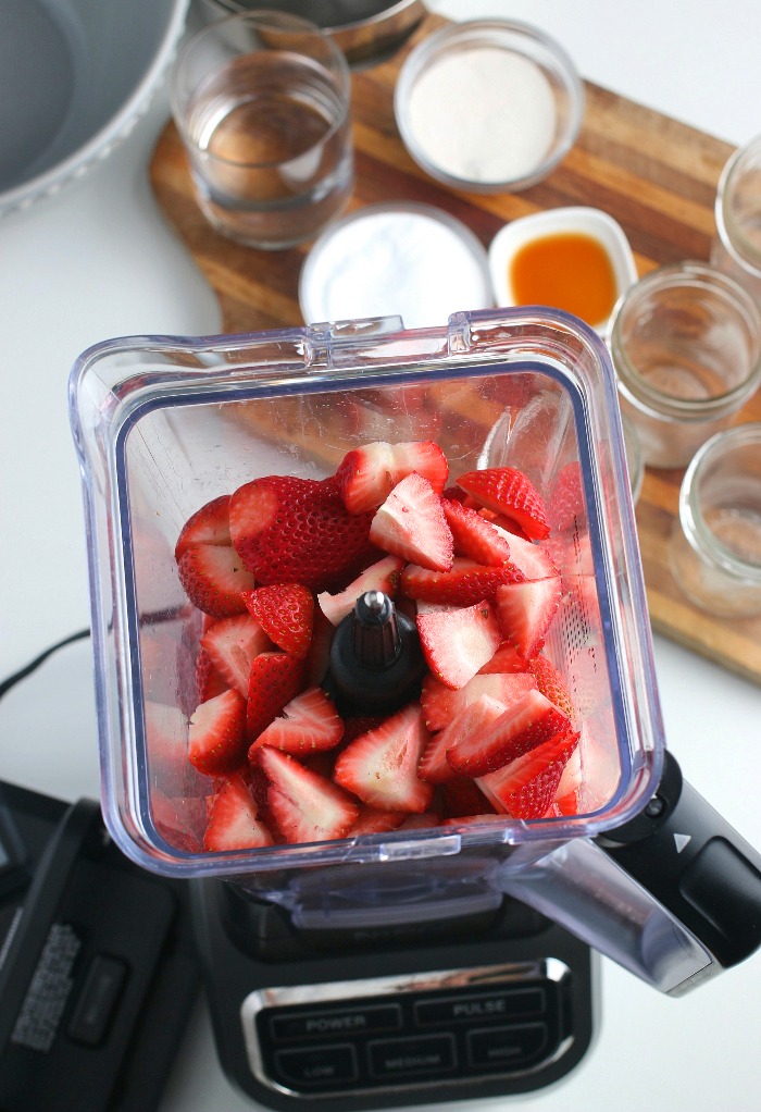 Here we see into the blender before the strawberries are blended up for our strawberry freezer jam recipe.