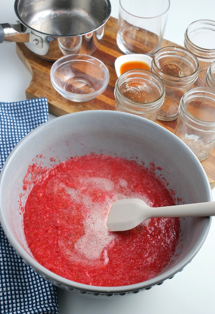 The gelatin gets mixed into the jam before it goes into the jars. This will help to keep it firm!