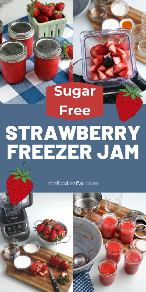 Use fresh or frozen strawberries to make this simple sugar free strawberry freezer jam.  This same recipe can be used to make raspberry jam too! #lowcarb #jam #diy