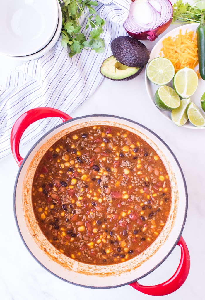 Stock pot of taco soup made with ground beef.