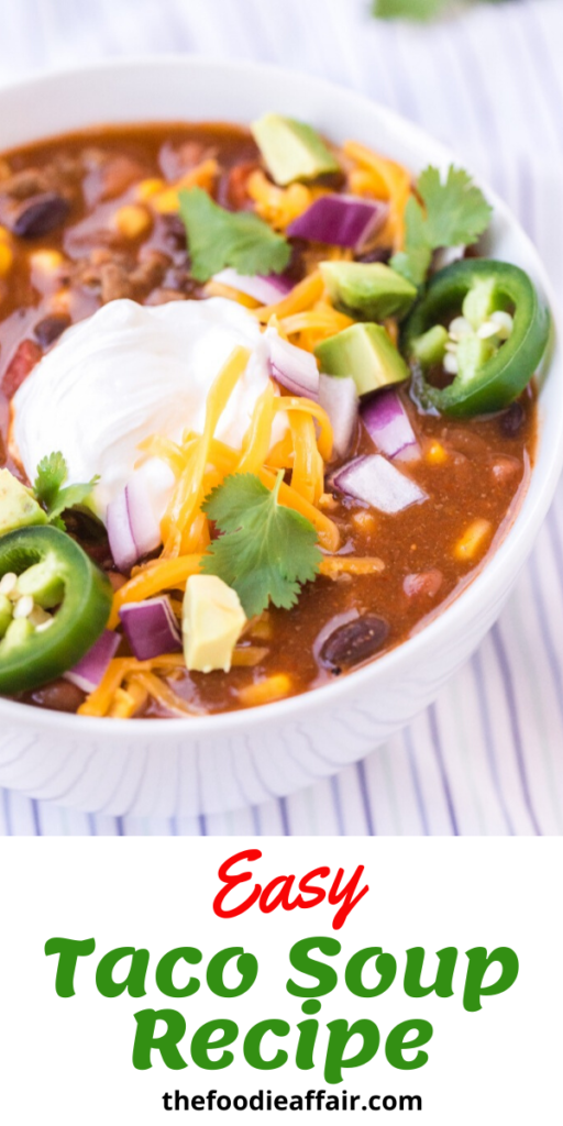 This taco soup recipe only takes 30 minutes to prepare.  Delicious meal to enjoy right away and also makes a great freezer meal for later. #freezermeal #soup #taco #easyrecipe