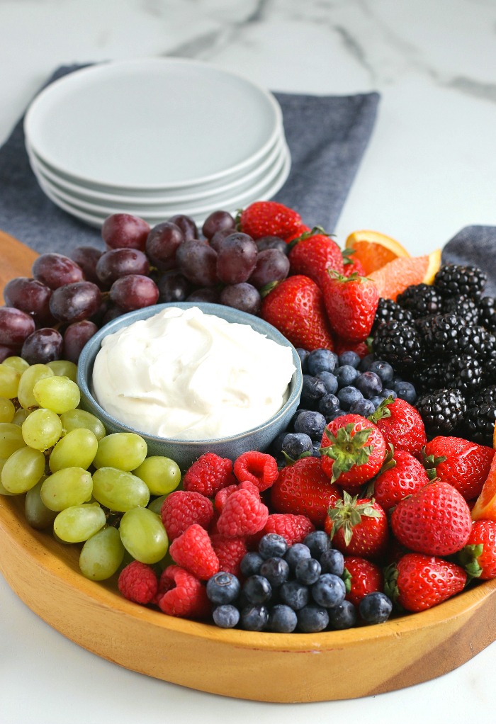 Another view shows the fruit platter with a dish full of the fruit dip with cream cheese in the center! 