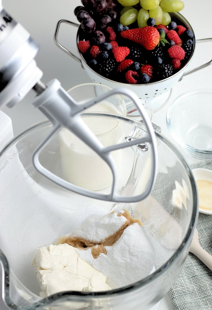This is a view into the stand mixer as we begin prepping our easy fruit dip recipe. 