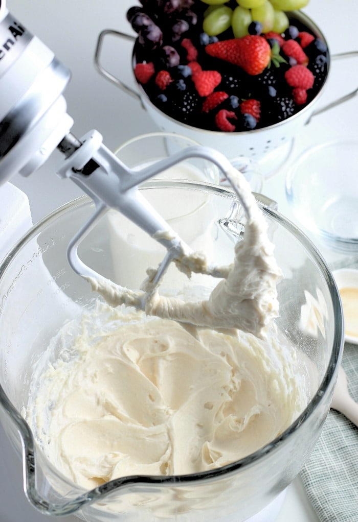 Another view as the mixture for the fruit dip is blended quickly and easily by the stand mixer. 