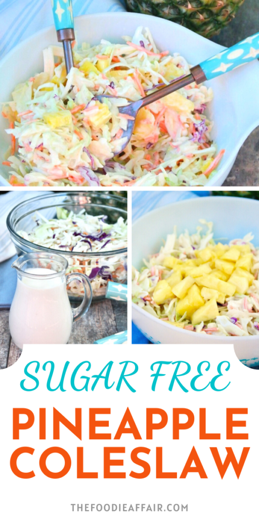 Delicious tropical twist to a traditional coleslaw. Sweet and tangy homemade creamy dressing folded into pre-shredded cabbage and topped with fresh pineapple chunks. Enjoy for your next cookout. #bbq #summer #easyrecipe