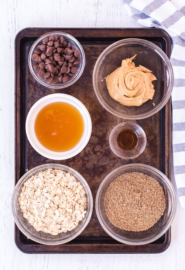 Overhead shot of the ingredients for peanut butter ball recipe.