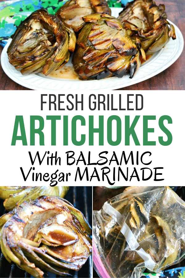 Fresh artichokes lightly steamed, marinaded in a balsamic vinegar marinade, then grilled. Delicious side dish or appetizer. #barbecue #grill