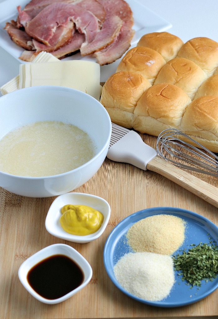 The ingredients needed to make these incredibly easy ham sandwiches laid out before we begin the baking process. 