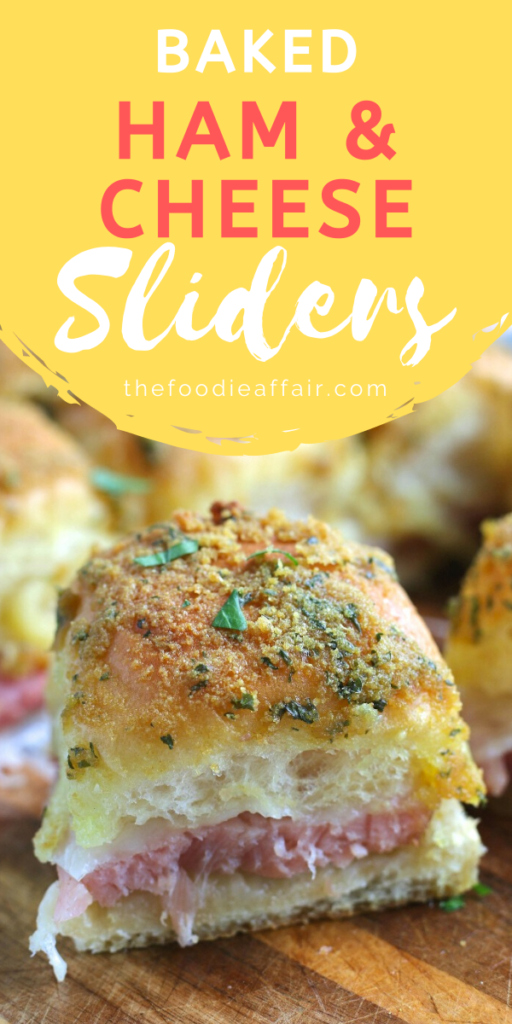 Easy baked sliders with ham and cheese sandwiches. Great quick dinner idea or fun dish to serve at a gathering. Delicious butter sauce makes a nice and crispy coating. #appetizer #sandwich #easyrecipe