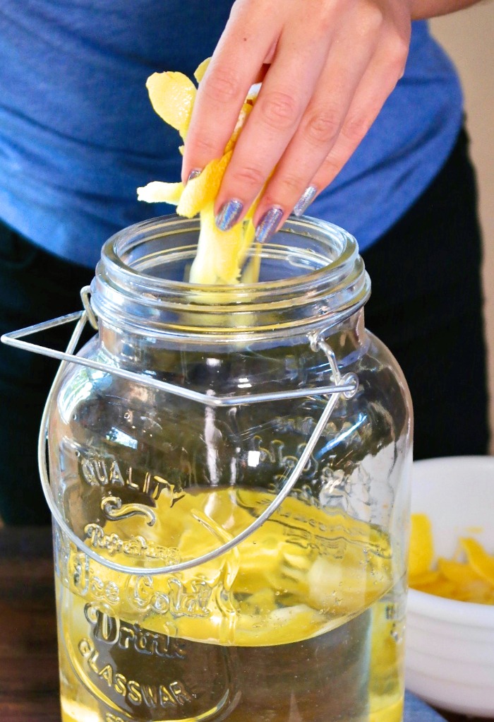 Adding lemon peel to a clear jar filled with vodka to make limoncello.