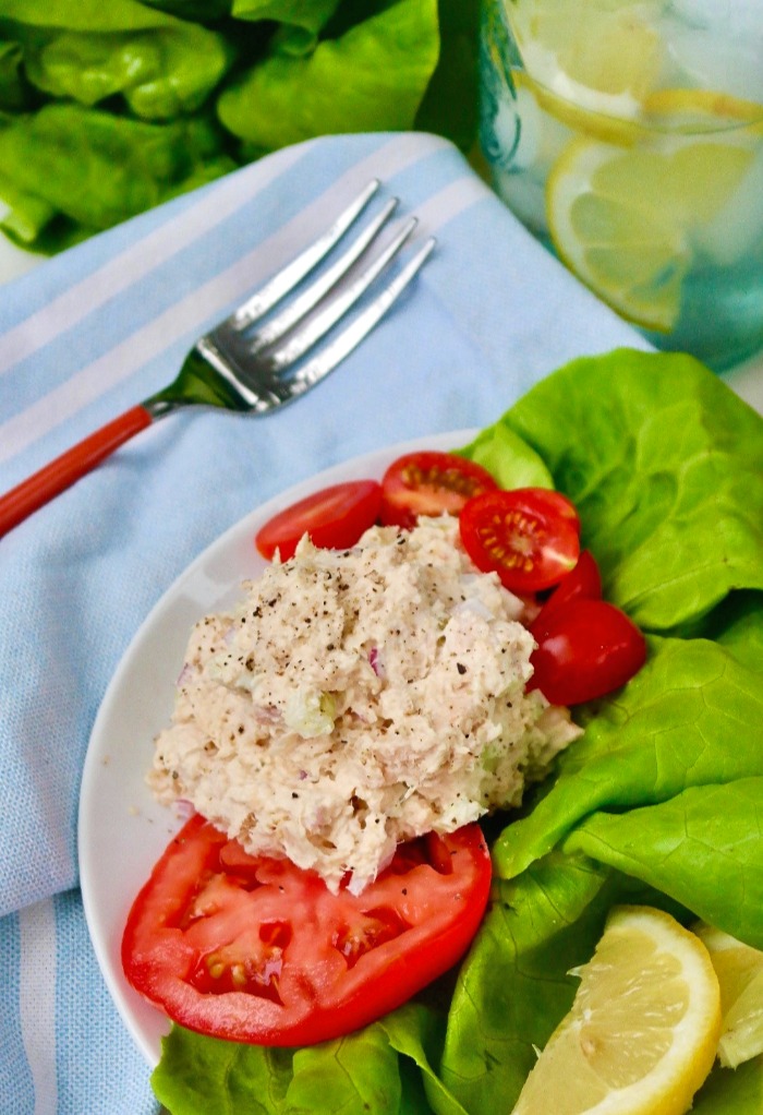 Low carb tuna salad on a bed of greens.