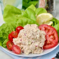 A scoop of keto tuna salad on a white plate ready to eat.