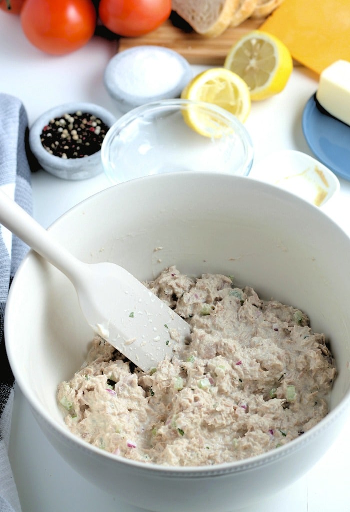Tuna salad mixed together ready to be served. 