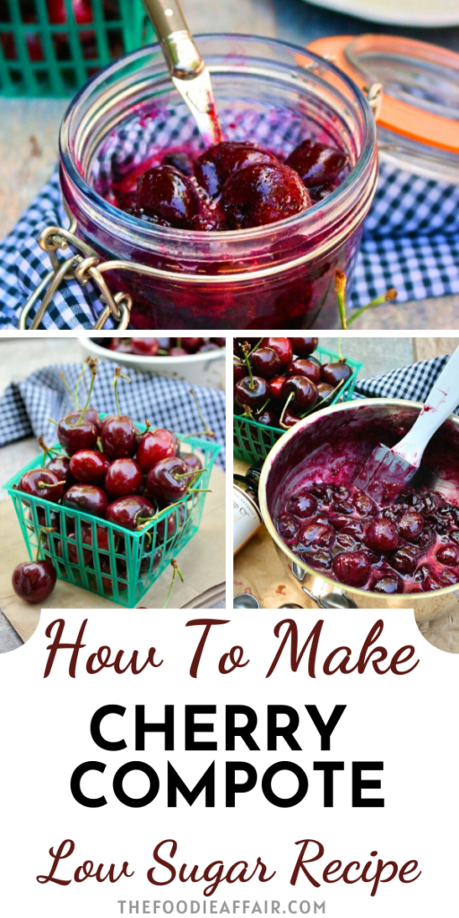 Homemade cherry compote with just three ingredients. Enjoy this low sugar compote over breakfast foods like yogurt and oatmeal as well as dessert! #lowcarb #lowsugar #diy #compote