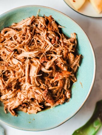 A blue plate with pulled pork ready to enjoy