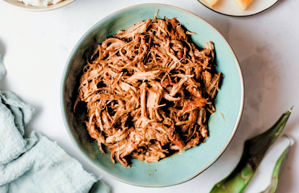 Hawaiian pulled pork in a blue plate without pineapple