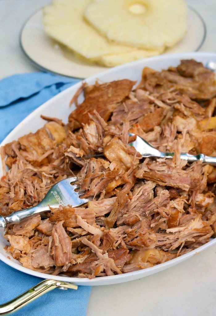 Shredded pork in a white baking dish