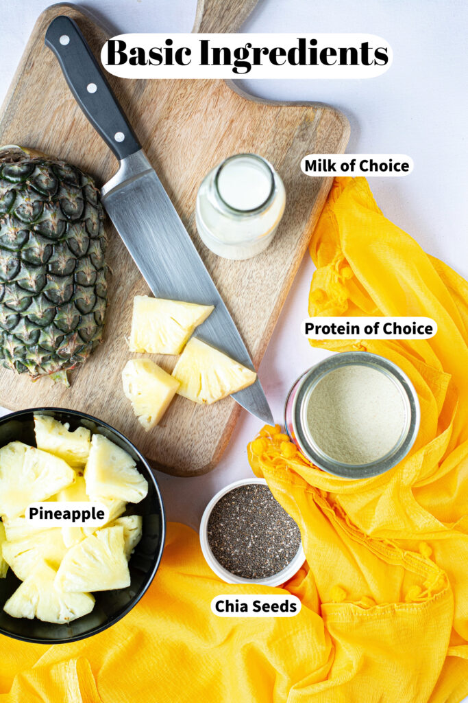 Top view of ingredients to make a pineapple smoothie.