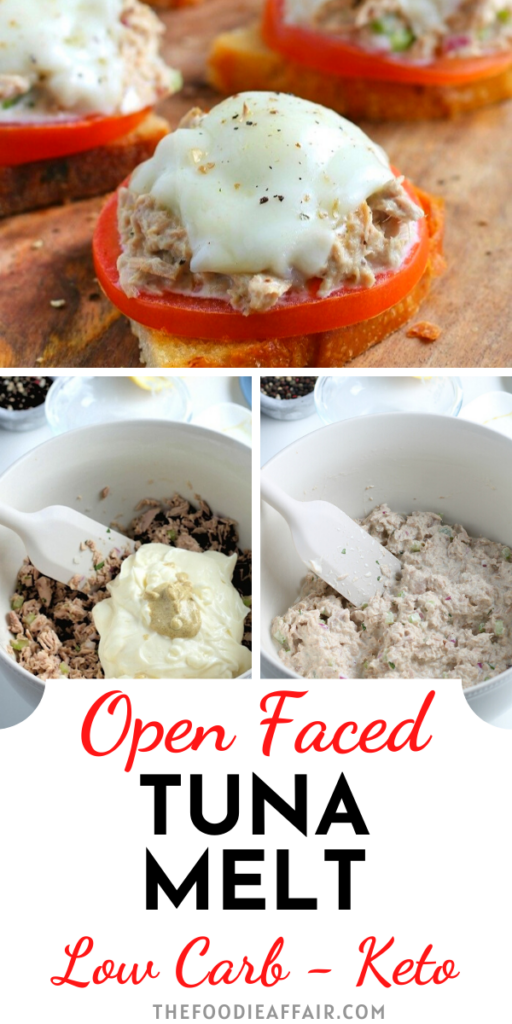 Open faced tuna salad transforms into a delicious tuna melt topped with melted cheese. This simple recipe is healthy, filling and perfect for low carb and keto diet followers. #lowcarb #easyrecipe