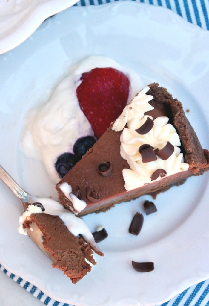 Top view of a slice of keto chocolate cheesecake with whipped cream on a white plate