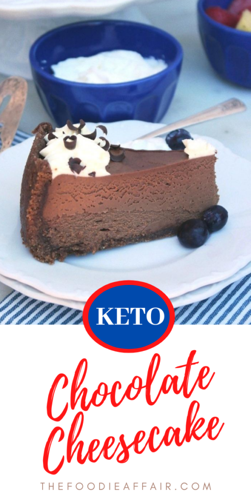 Creamy and decadent sugar free chocolate cheesecake topped with fresh whipped cream. Add to your special celebration menu. Everyone will love this delicious cake! #ketodiet #chocolate