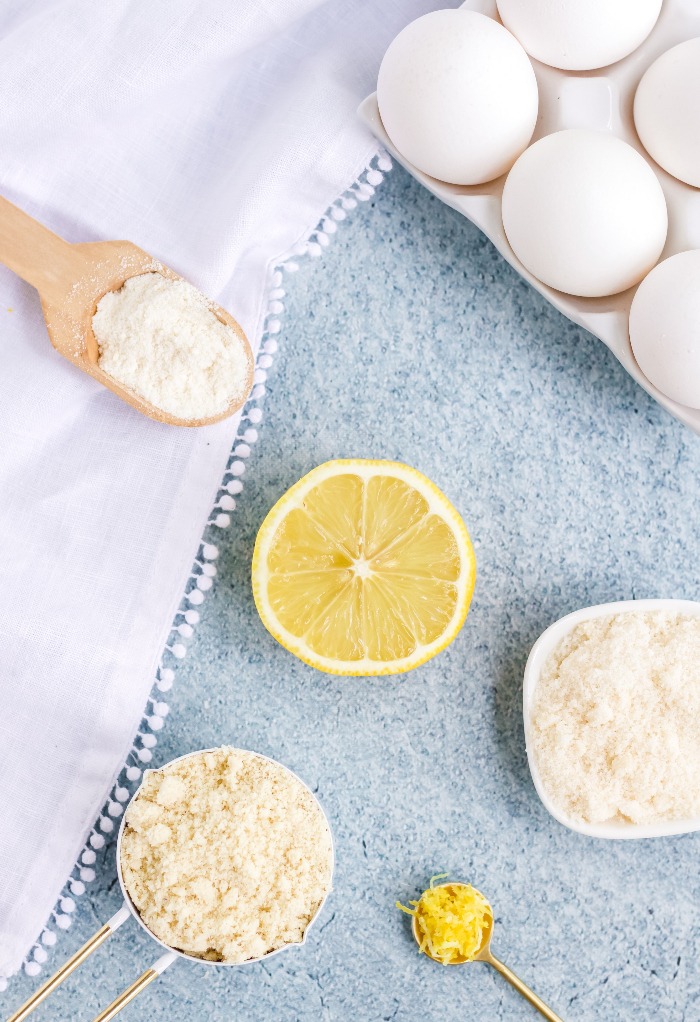 Overhead view of all the ingredients to make keto lemon mug cake