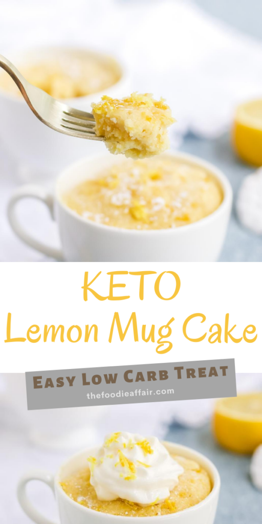 Keto lemon mug cake in a white mug. This sweet and tart personalized cake will hit the sweet tooth spot! #lowcarb #lemon #cake