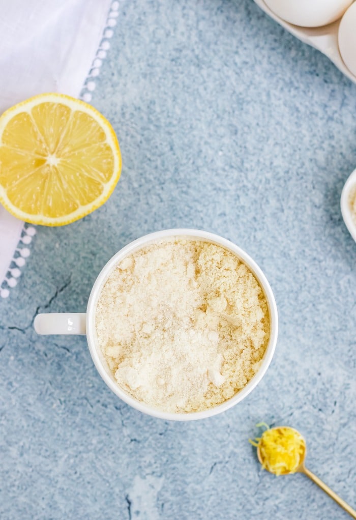 Mug cake with dry ingredients mixed in the cup