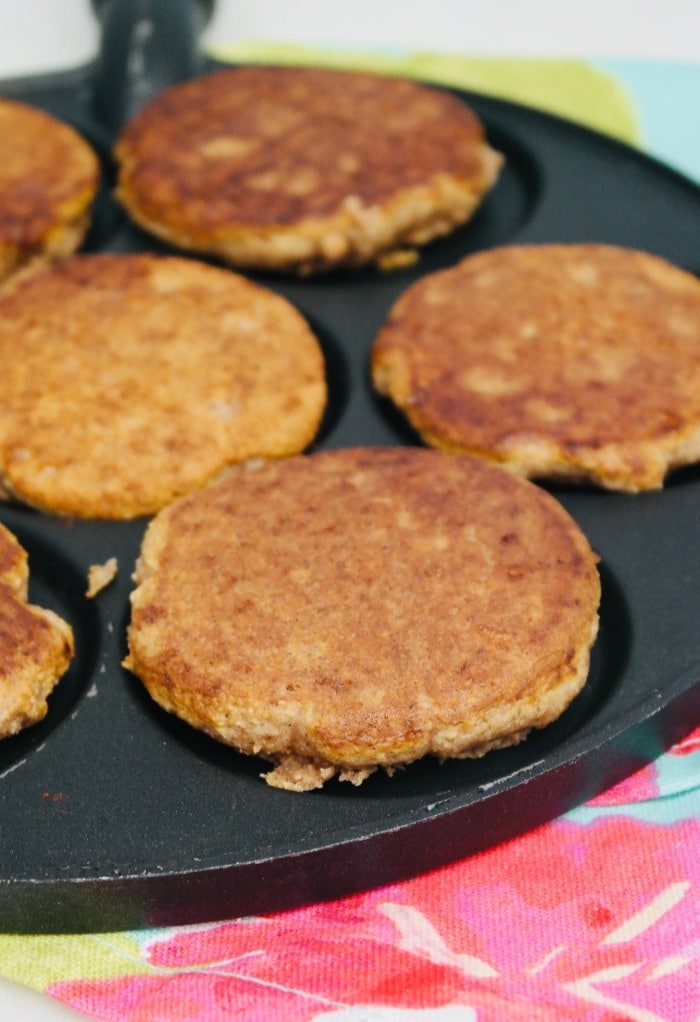 Cooked low carb pancakes on a skillet.