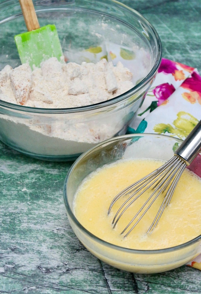 In separate bowls mix dry and wet ingredients