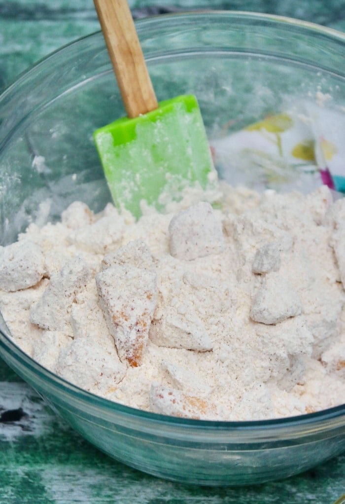 Here we fold in the fresh peaches into the flour mix