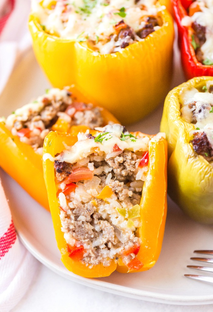 Yellow bell pepper stuffed and cut in half