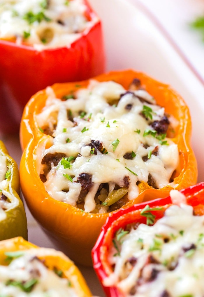 Close up photo of cooked Italian stuffed peppers