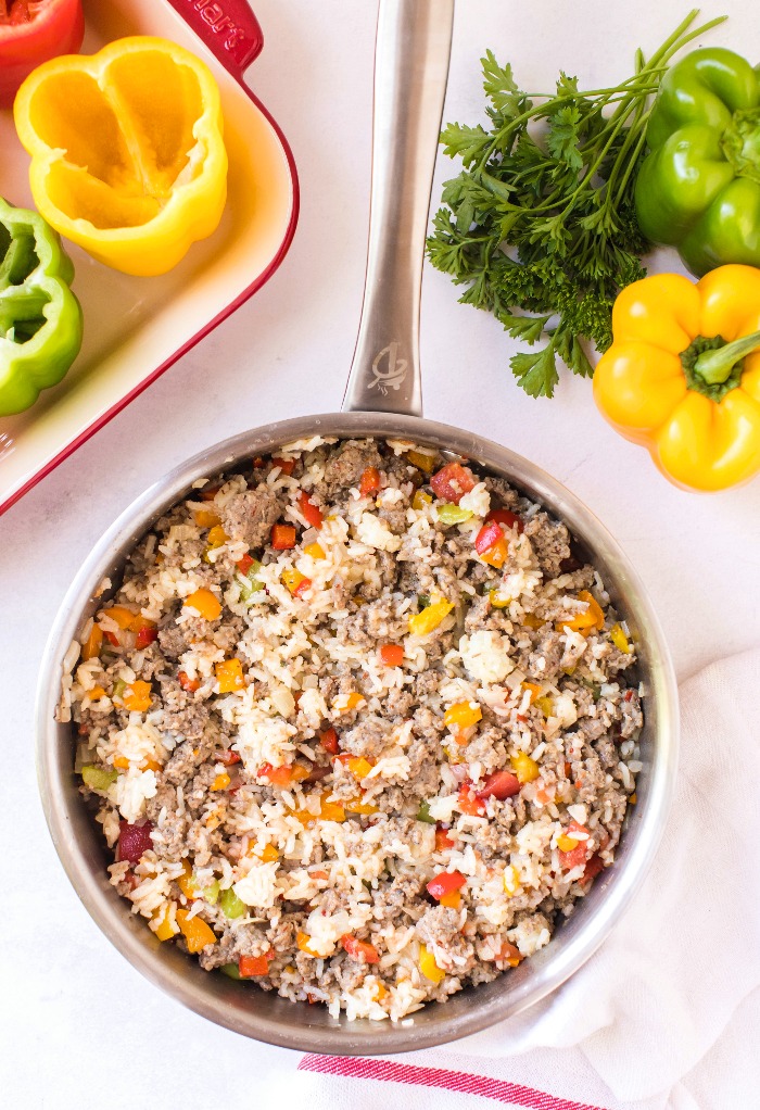 Combining stuffing for bell peppers in a large skillet