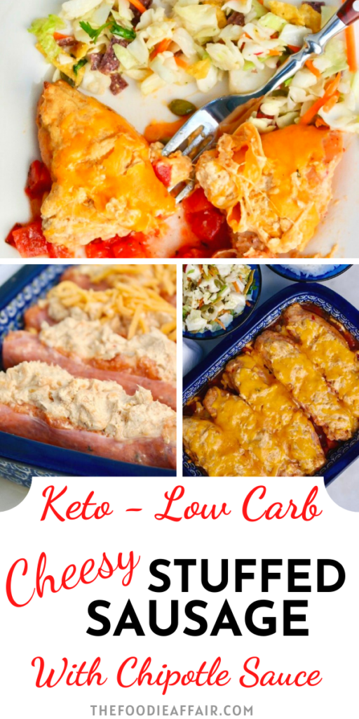 Filling and satisfying cheese stuffed sausage in a chipotle sauce. This quick meal is the perfect low carb and keto dish that not only is easy to make, but very satisfying! #lowcarbdiet #ketorecipe #sausage #Mexican #Italian