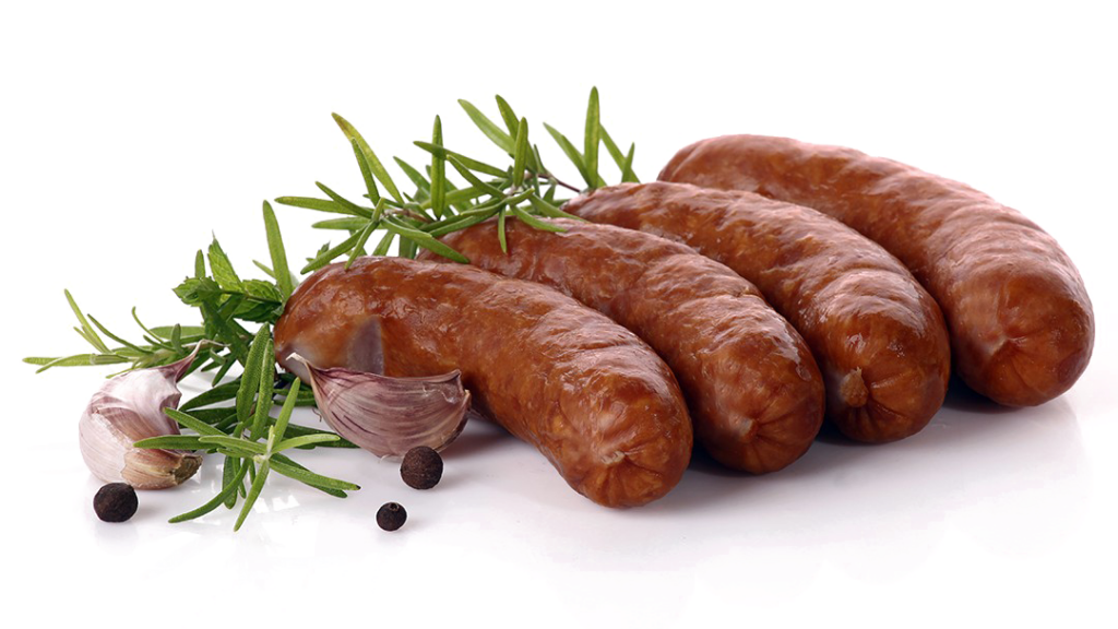 Photo of raw sausage on a white background with rosemary sprigs. 