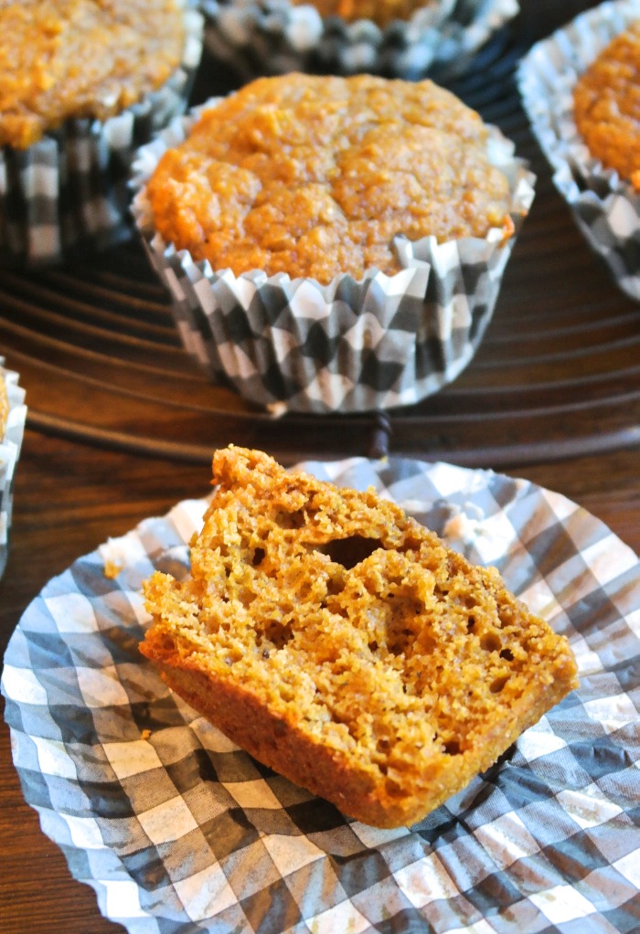 A top view of pumpkin protein muffin sliced in half. 